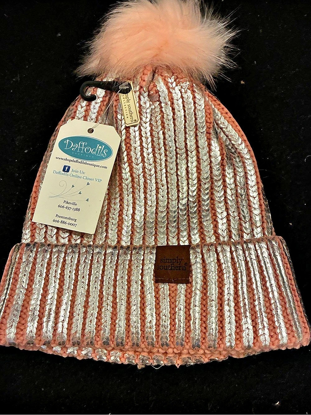Daffodils Boutique Simply Southern FALL 19 BEANIE Striped Pom Beanie in Pink & S